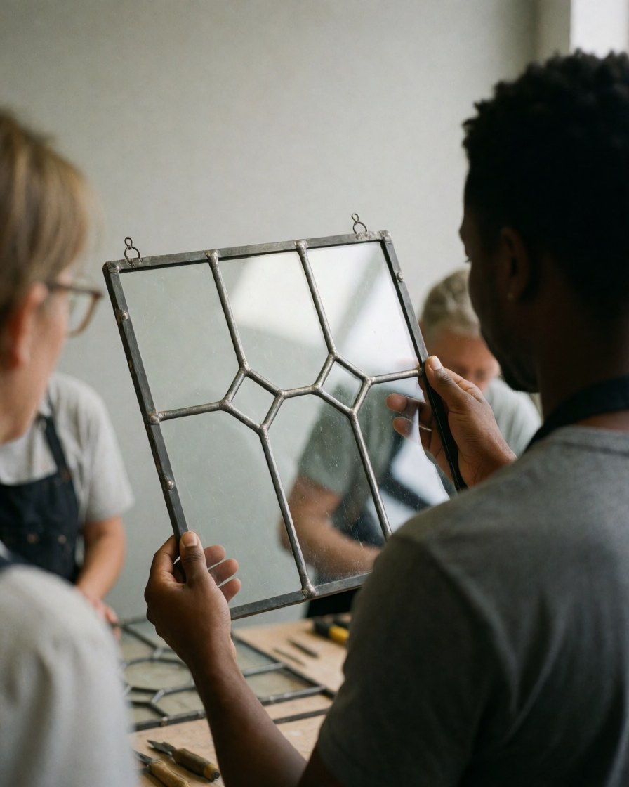 A customer inspects a restored glass window in a glassblowing workshop with visible metal frame and tools.