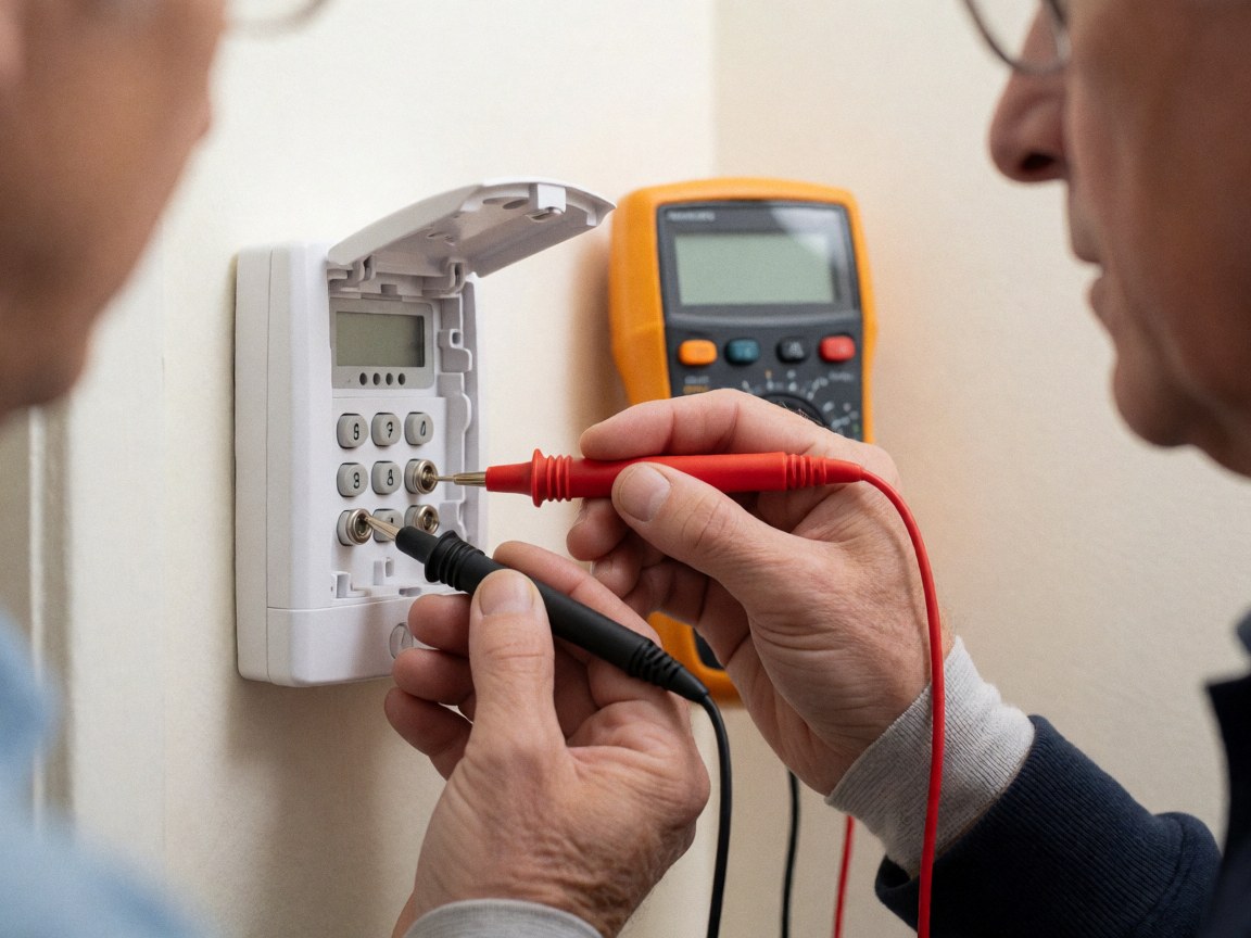 Close-up of a technician using a multimeter to test alarm keypad contacts during security system repair service