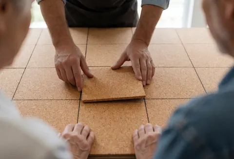 Close-up of hands placing a cork flooring piece onto a grid during installation.