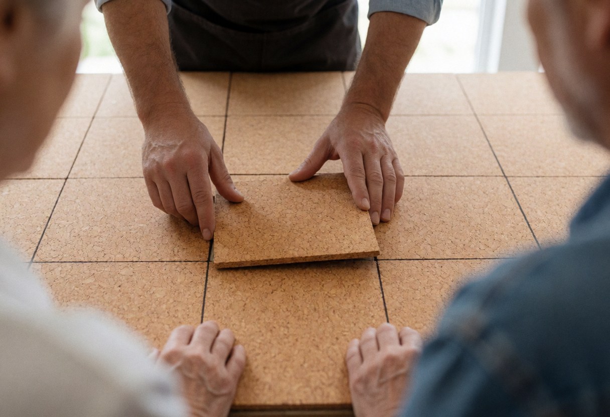 Close-up of hands placing a cork flooring piece onto a grid during installation.