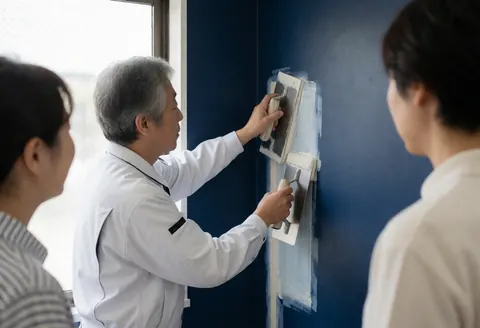 A worker in a white uniform uses a trowel to apply compound to a blue wall corner while two people watch closely.