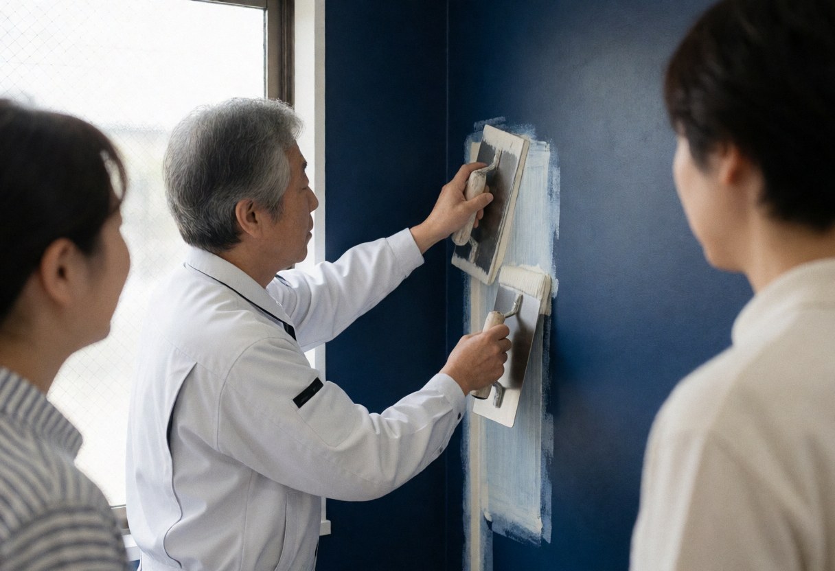 A worker in a white uniform uses a trowel to apply compound to a blue wall corner while two people watch closely.