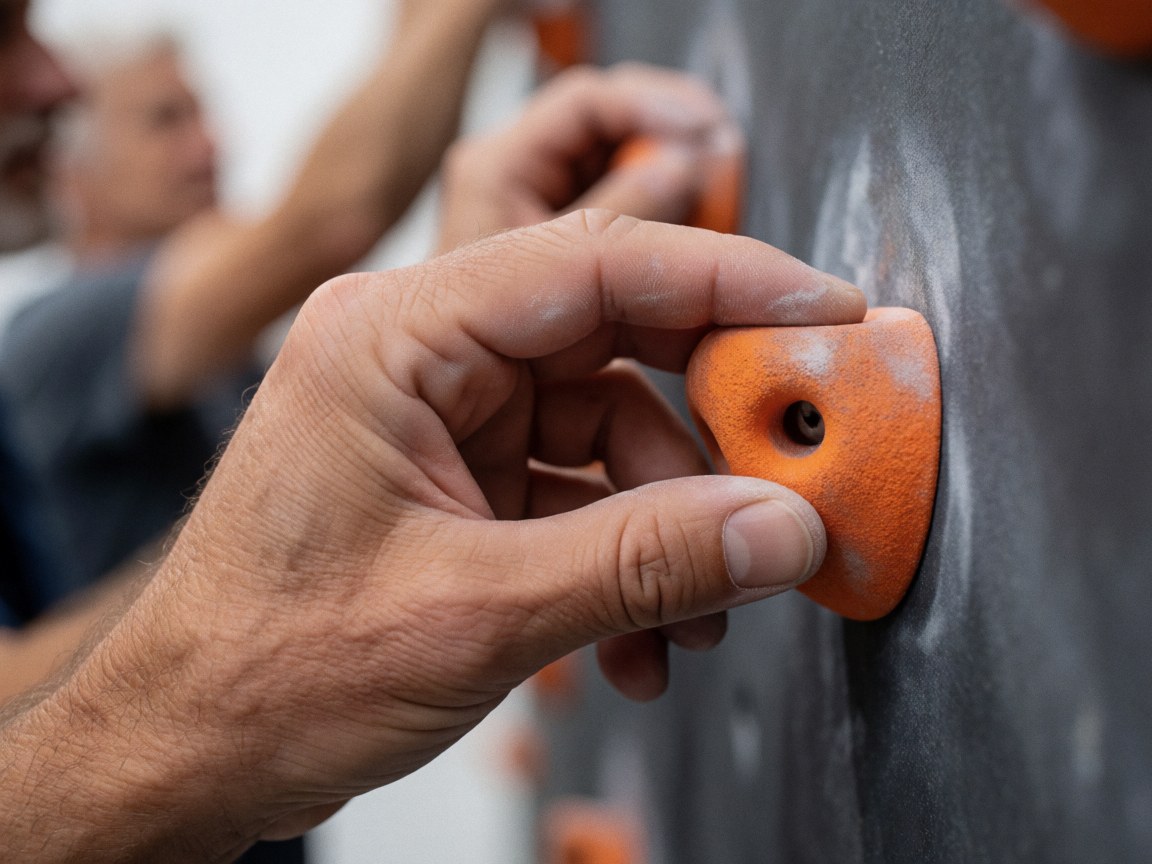 Close-up of an adult hand holding a textured orange climbing hold on a gray wall with white chalk residue on fingers.