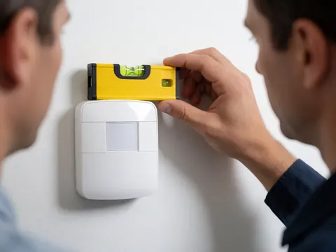 A technician aligns a white motion sensor on a white wall using a yellow level for precise security alarm repair.