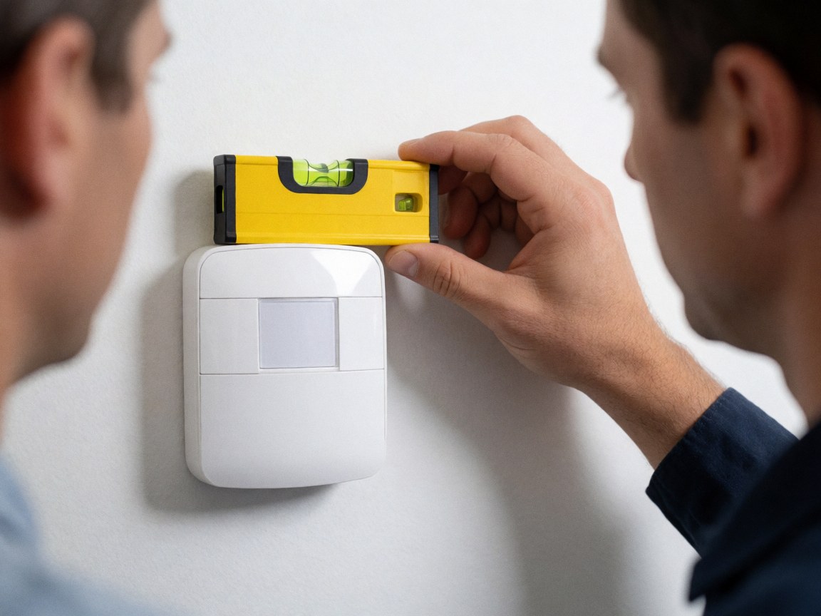 A technician aligns a white motion sensor on a white wall using a yellow level for precise security alarm repair.