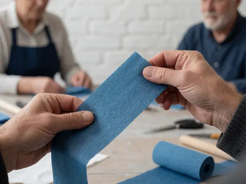 Hands stretching blue crepe paper in an event workshop with a white brick wall and craft tools on a work table.