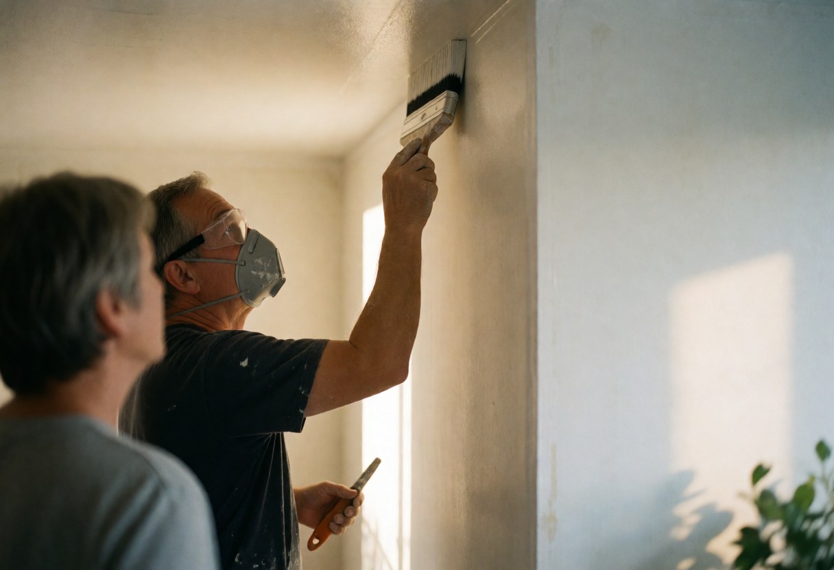 A painter wearing a mask and glasses applies white paint to a smooth wall corner while another person observes.