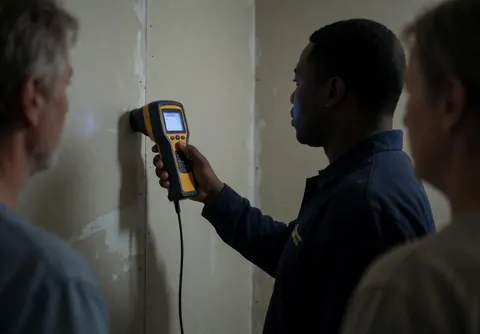 Technician with a leak detector on a painted wall in dim lighting during plumbing service work.