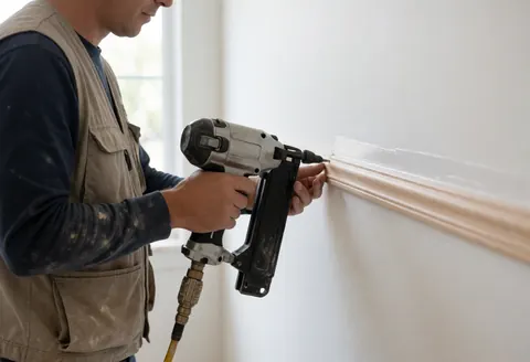 A worker installs a wooden baseboard on a white wall using a pneumatic nail gun during a flooring installation service.