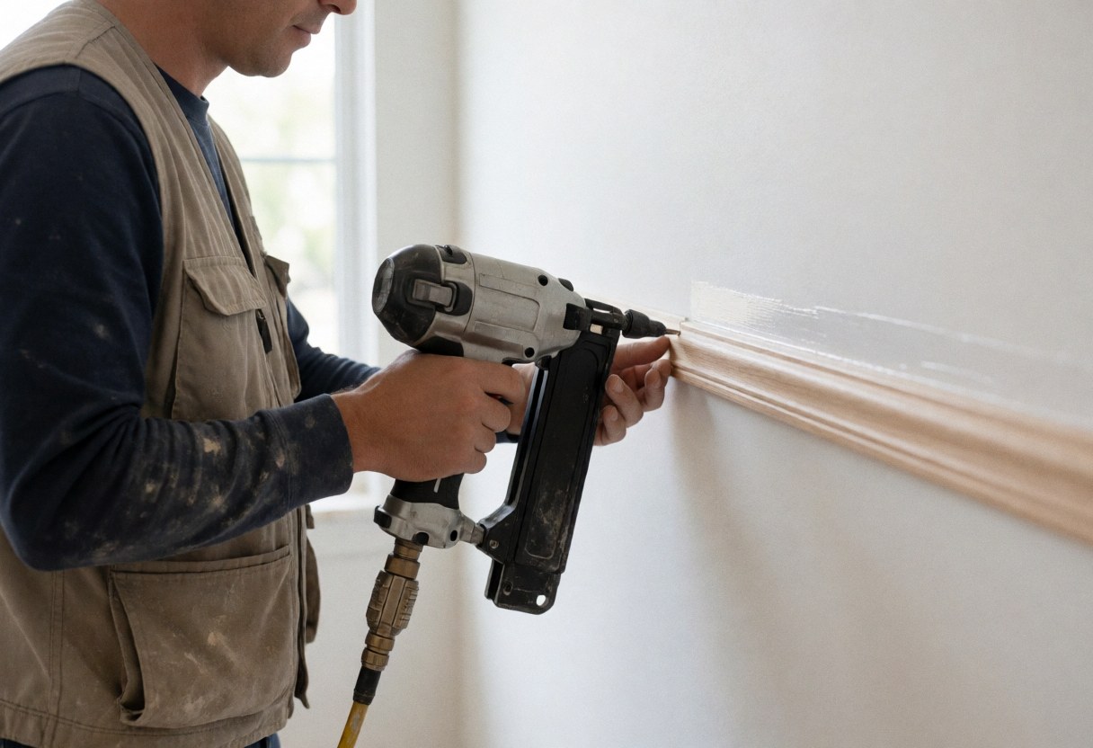 A worker installs a wooden baseboard on a white wall using a pneumatic nail gun during a flooring installation service.