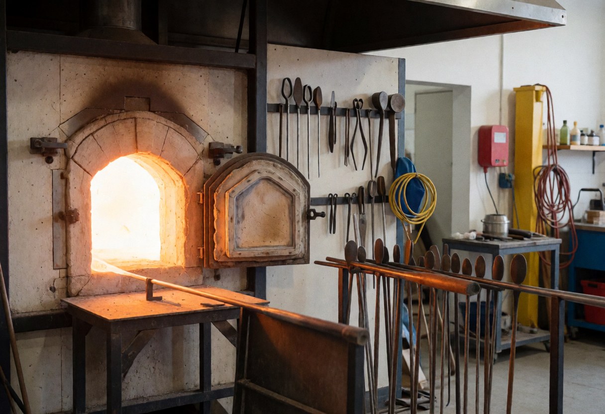 A glass furnace with various metal tools hanging nearby in a workshop setting.