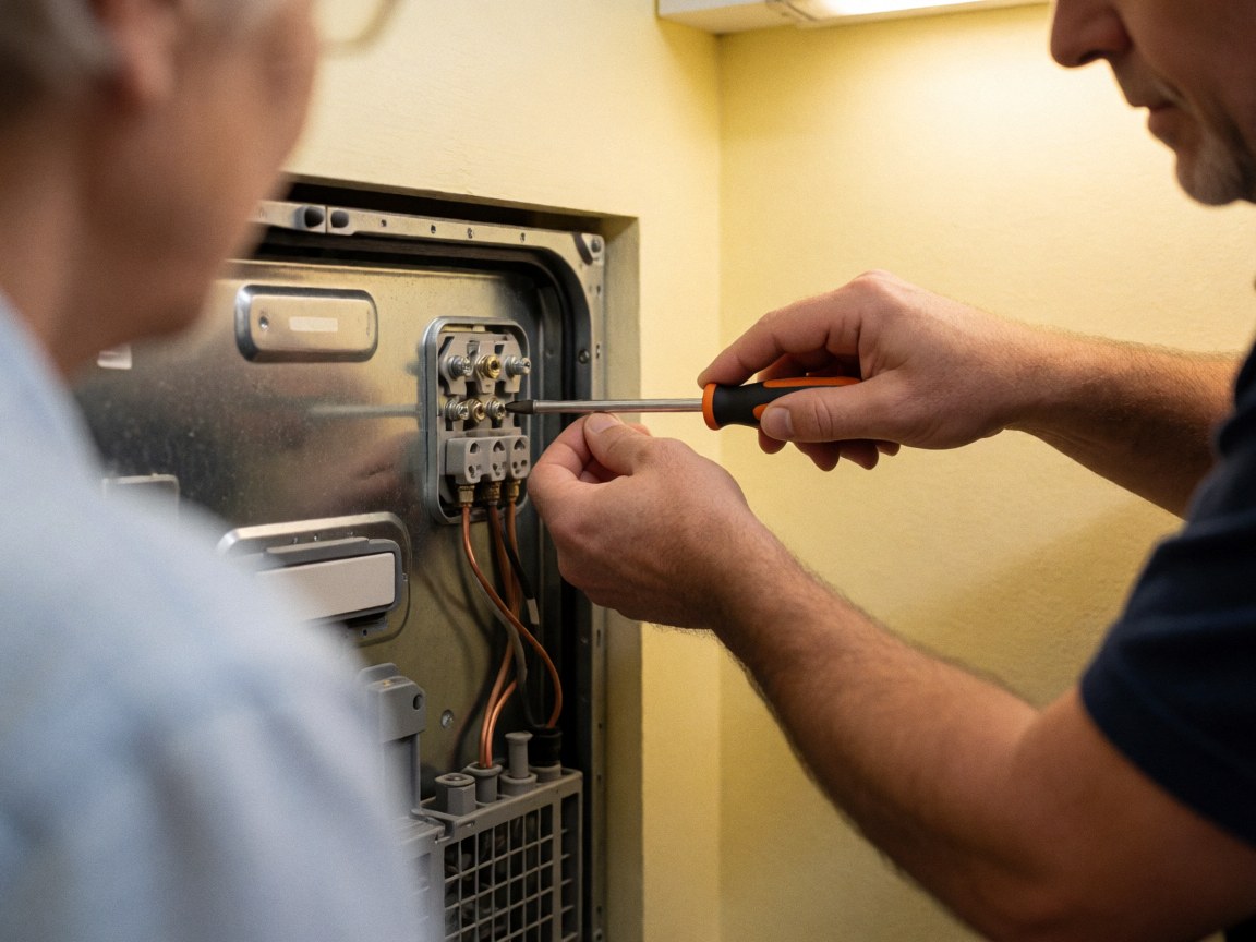 Technician uses a tool to adjust an electrical connection on a dishwasher with a cream wall in the background.