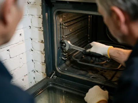 A gloved hand tightening a screw on an open oven during kitchen appliance repair against a white brick wall background