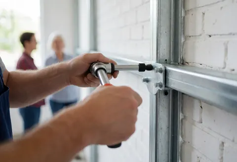 Close-up of hands using a torque wrench to secure screws on a metal framework against a white brick wall with blurred background.