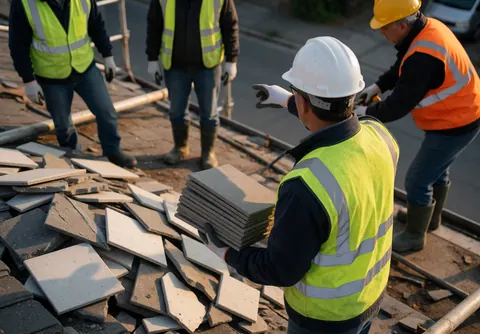 Technician repairing a roof holding new and damaged tiles while wearing safety gear during sunset.