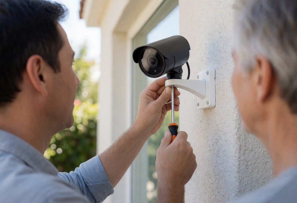A technician secures a white mounting bracket to an exterior wall under natural light while a client observes the security camera installation process.