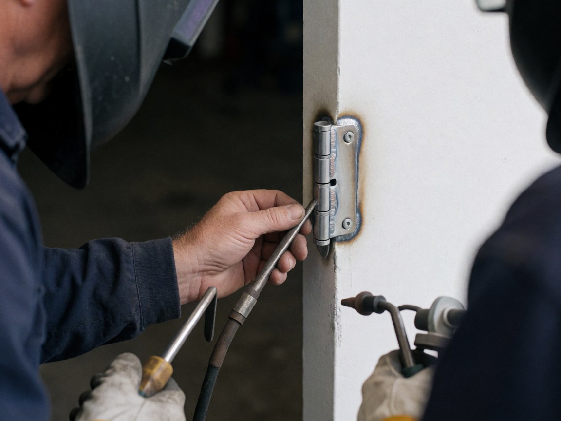A welder wearing a helmet and gloves adjusts a metal hinge on a white door in a workshop.