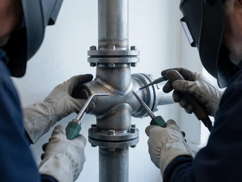 Two welders wearing helmets and gloves adjust a metal pipe joint using tools against a white background.