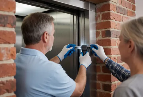 Close-up of gloved hands using a tool to align an elevator metal door against a brick wall background.