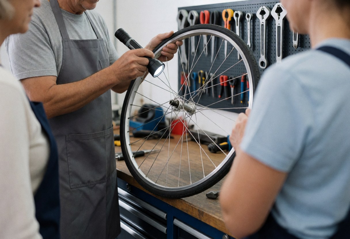 Bike mechanic inspects a wheel using a flashlight in a workshop with tools on the wall and work tables visible