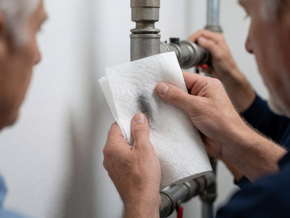 A hand holding a towel with a visible water stain, used for drying or cleaning purposes in a repair context.