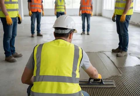 Construction worker wearing helmet and vest applies flooring adhesive using a trowel in a large industrial space.