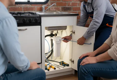 Technician installs water filter under sink in motorhome kitchen with tools and red brick wall visible