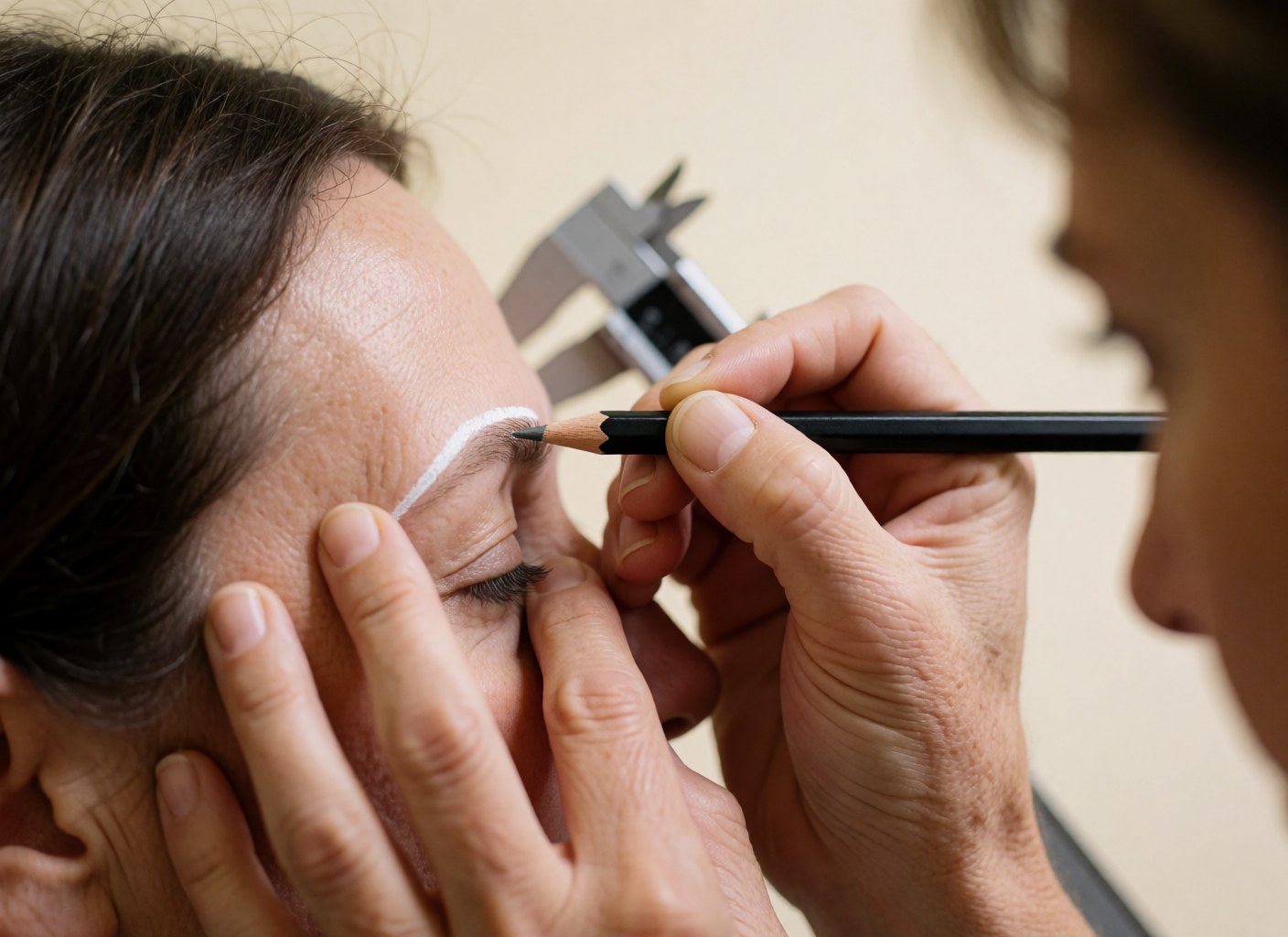 Close-up of a white pencil drawing a precise line on an eyebrow during a microblading service.