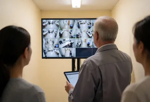 Technician and two people observe multiple security camera feeds on a monitor in a beige room with fluorescent lights.