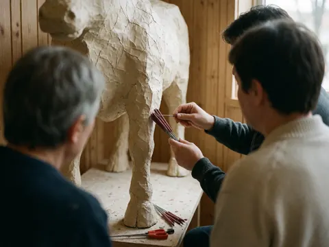 Close-up of hands attaching sparklers to a paper mache cow in a workshop with wooden walls and natural light for wedding planning details.