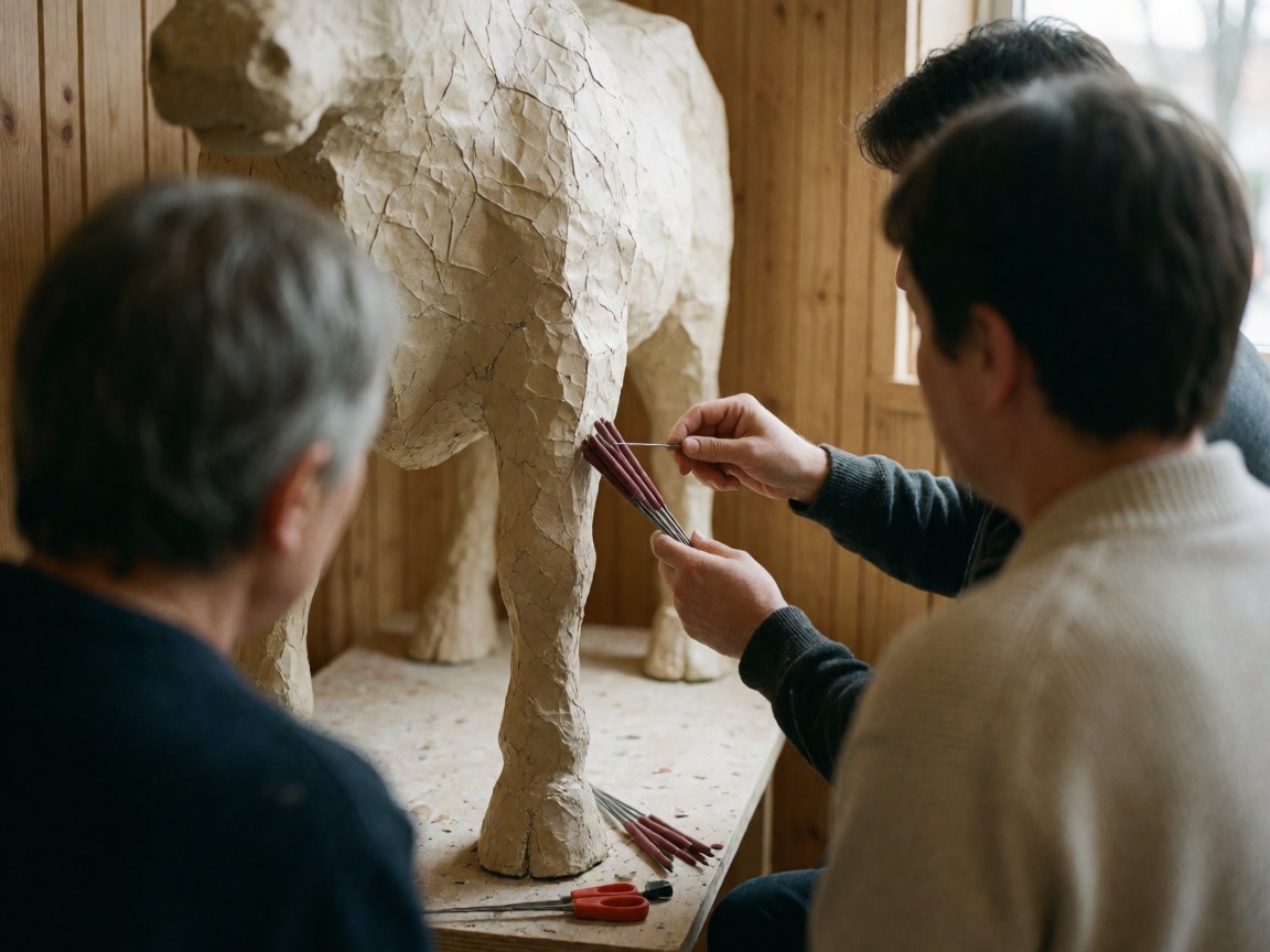 Close-up of hands attaching sparklers to a paper mache cow in a workshop with wooden walls and natural light for wedding planning details.