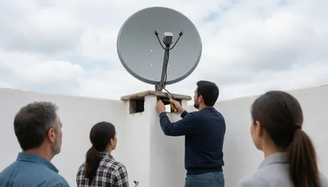 A technician installs a satellite dish on an exterior wall while three clients watch the work being performed.