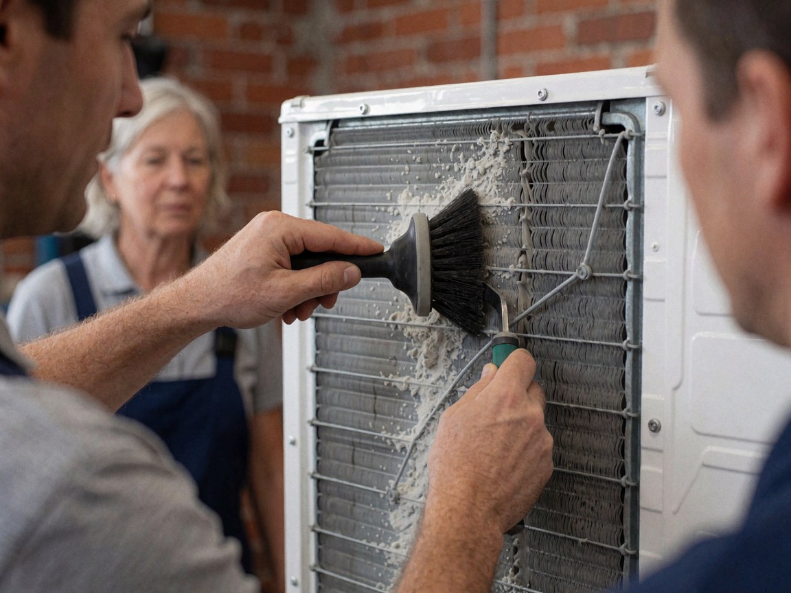 Repair technician using a brush to clean the condenser coil of a refrigerator against a brick wall background.