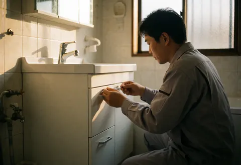 Technician adjusting plumbing brackets on a white bathroom vanity with visible pipes and warm window light casting long shadows during furniture assembly.