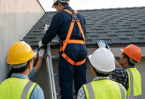 Workers in hard hats and vests repairing a gray shingle roof, one on a ladder while others assist from below during a residential roof repair.