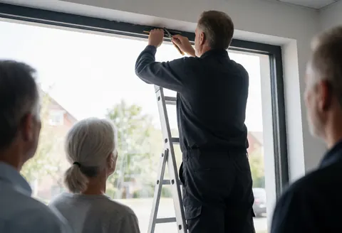 Worker on ladder adjusting insulated window in interior wall with tools while three people observe the service.