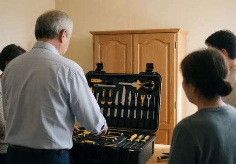 A technician organizes hand tools inside a black storage box near a wooden cabinet in a warmly lit room.