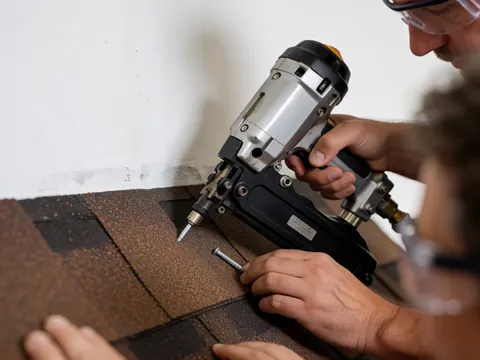 Close-up of a worker using a pneumatic nail gun to install an asphalt shingle on a roof, showing the tool and material in action.
