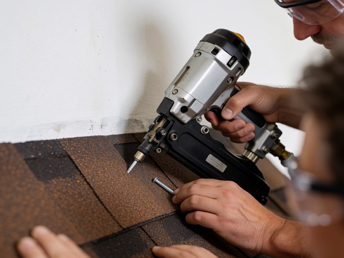 Close-up of a worker using a pneumatic nail gun to install an asphalt shingle on a roof, showing the tool and material in action.