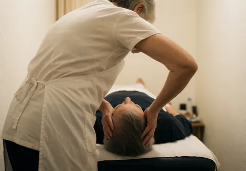 A chiropractor uses their hands to adjust a patient's head while they lie on a treatment table.