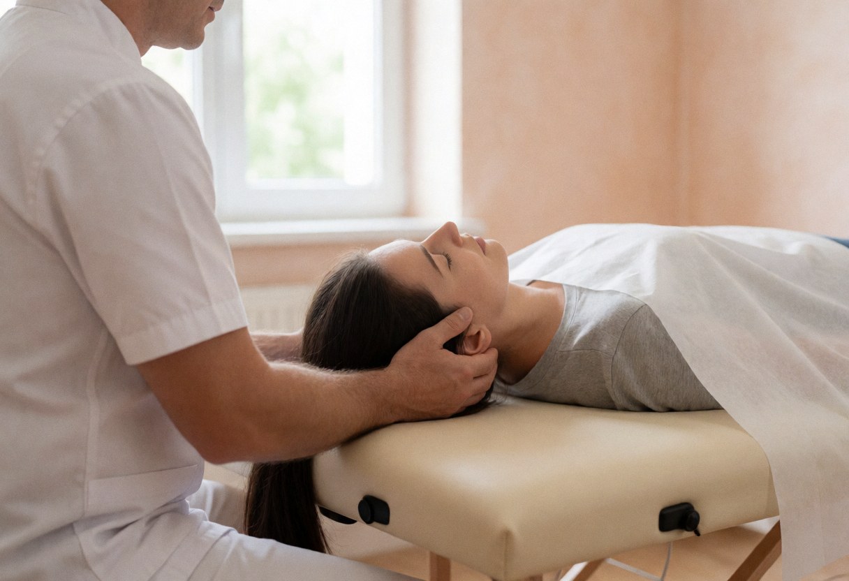 Osteopath's hands manipulating a patient's head while lying on a treatment bed in a bright room with natural light