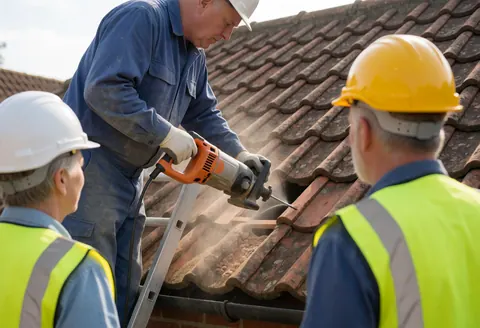 A worker wearing a helmet and safety vest cuts a roof tile with a reciprocating saw while two colleagues watch nearby.