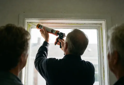 Professional installer using a caulk gun to apply sealant around a window frame during an interior home service project.