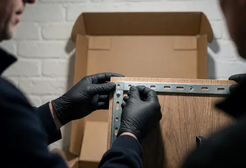 Gloved hands install a metal bracket onto a wooden board inside a cardboard box against a white brick wall for furniture assembly.