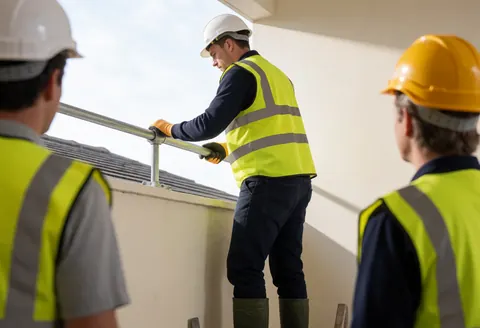 A worker installs a metal safety railing on a rooftop while others observe nearby against white walls during construction work.