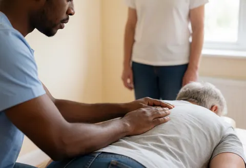 Osteopath applying manual therapy to a client's back while the client lies down in a consultation room with beige walls and natural light