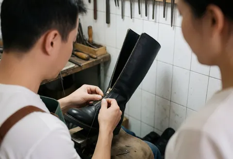 A cobbler sewing a metal zipper onto a black leather boot with tools visible on a white tiled wall