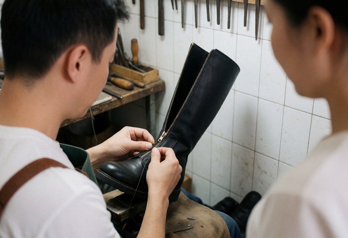 A cobbler sewing a metal zipper onto a black leather boot with tools visible on a white tiled wall