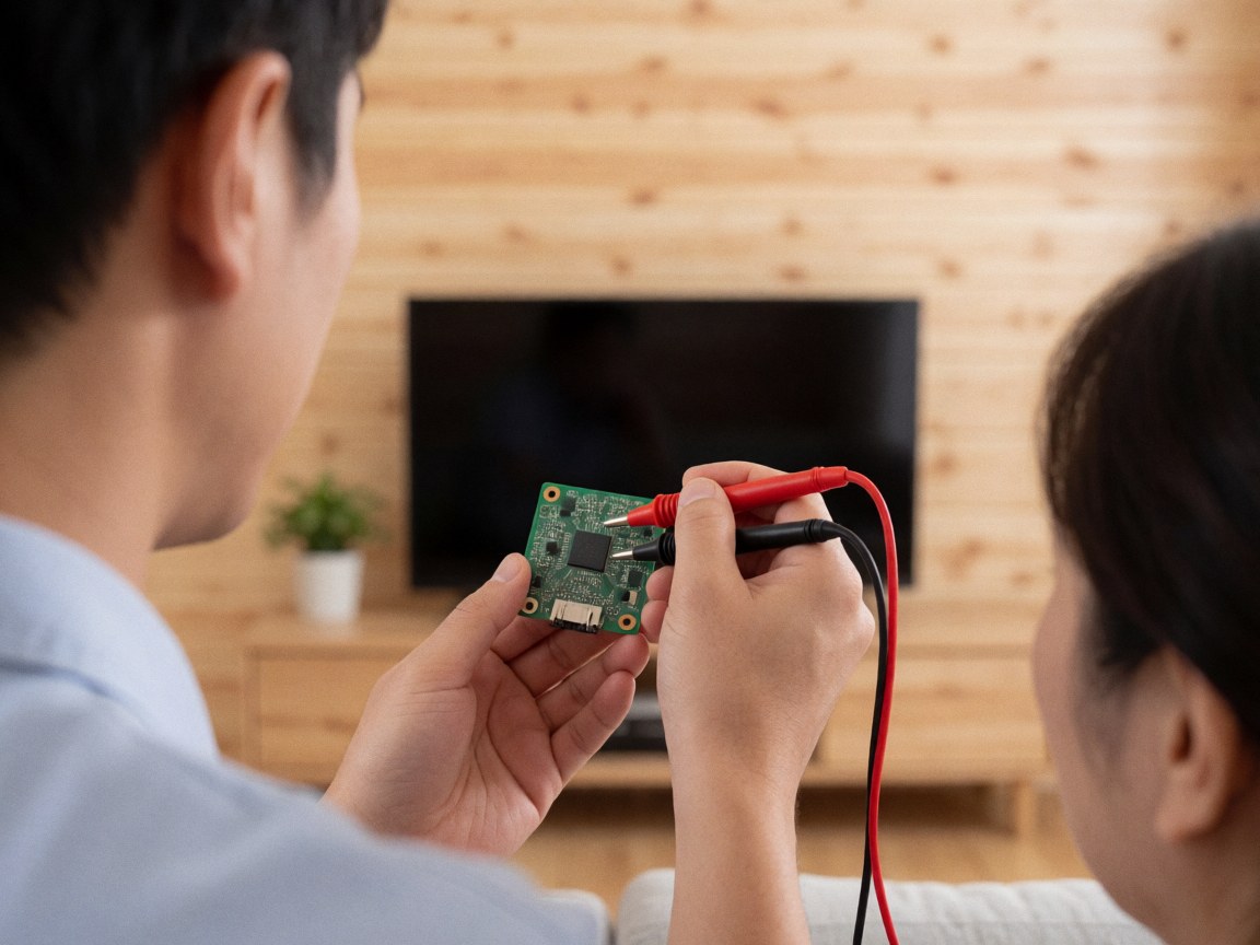 Close-up view of a technician using a multimeter to diagnose a circuit board during a TV repair service in a room with wood paneling.