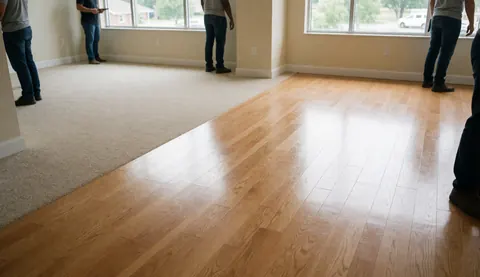Close-up view of polished hardwood flooring being installed next to beige carpeting with light walls and observers watching the work.